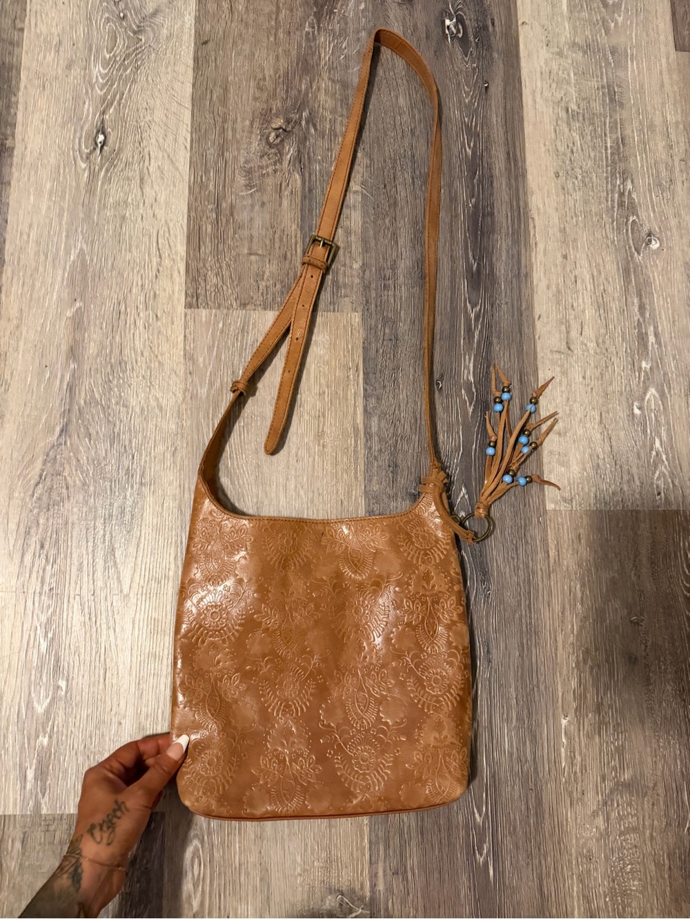Women's Tan Embossed Leather Crossbody Bag